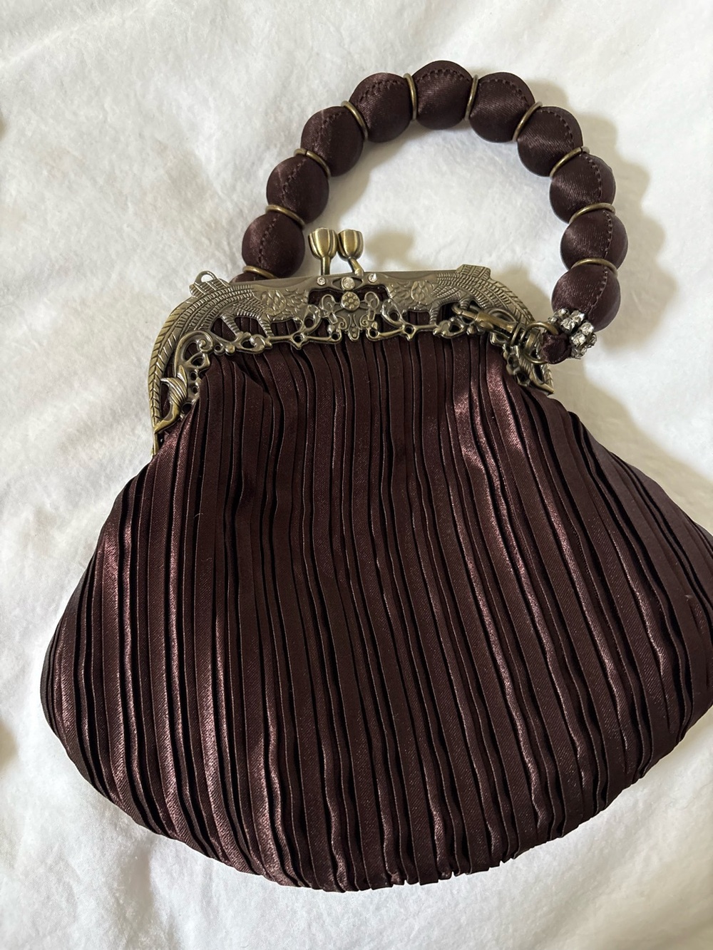 Vintage-Inspired Brown Pleated Evening Bag with Beaded Handle Carlo Fellini